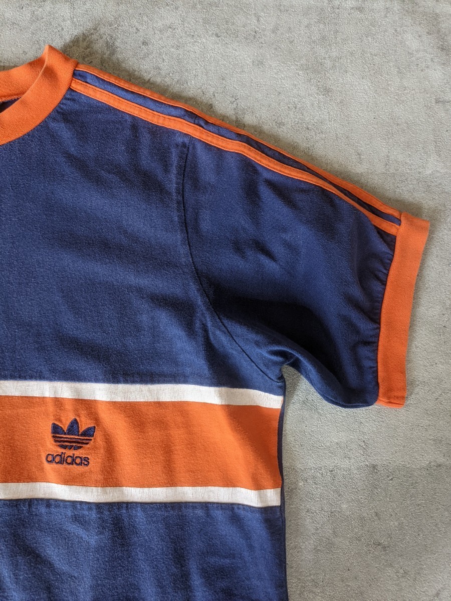 90s adidas ヴィンテージ トリムTシャツ ネイビー 紺 オレンジ アディダス フランス イギリス ATP モッズ 英国 80s レア_画像2