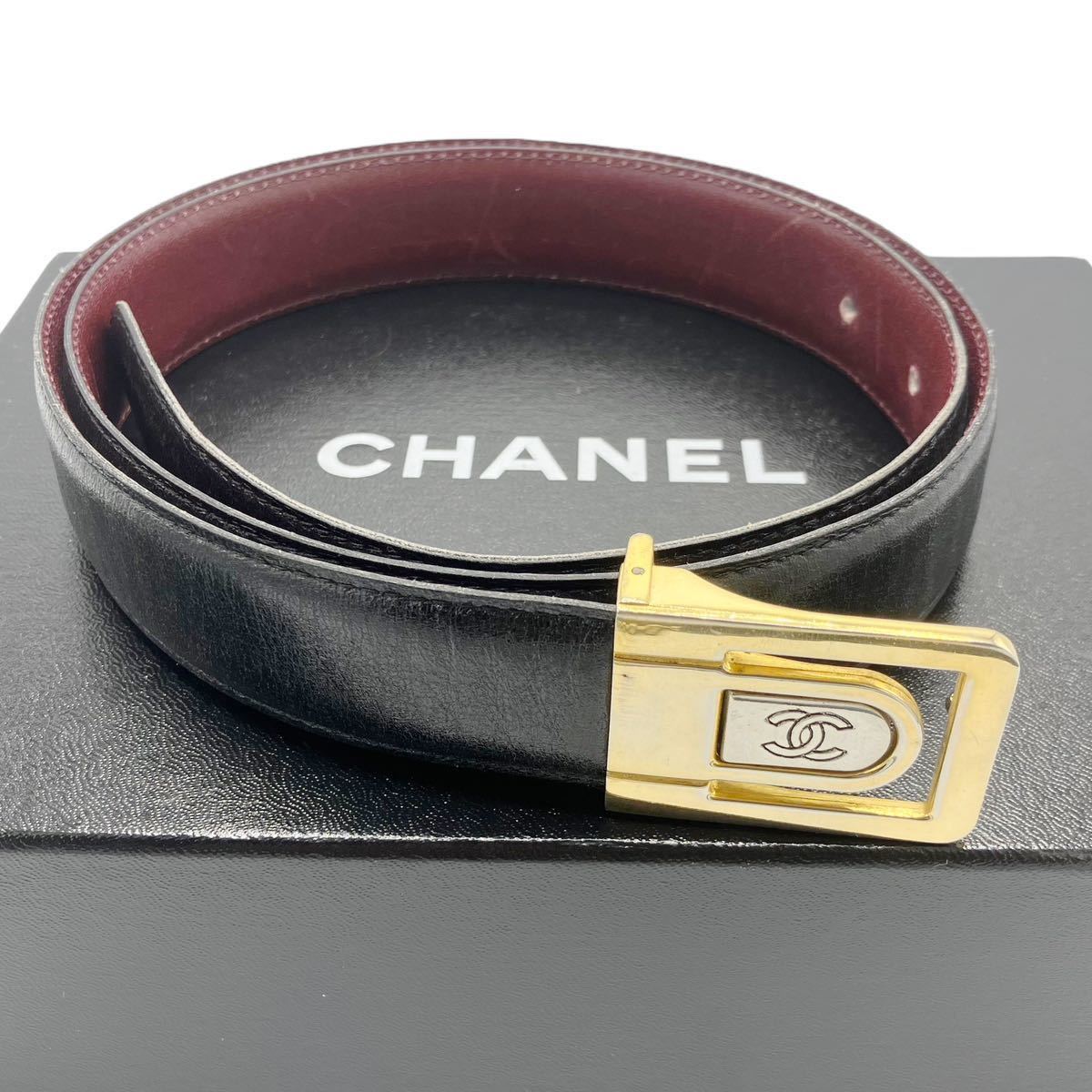 【良品】シャネル CHANEL ココマーク ロゴバックル レザーベルト ブラック ボルドー メンズベルト