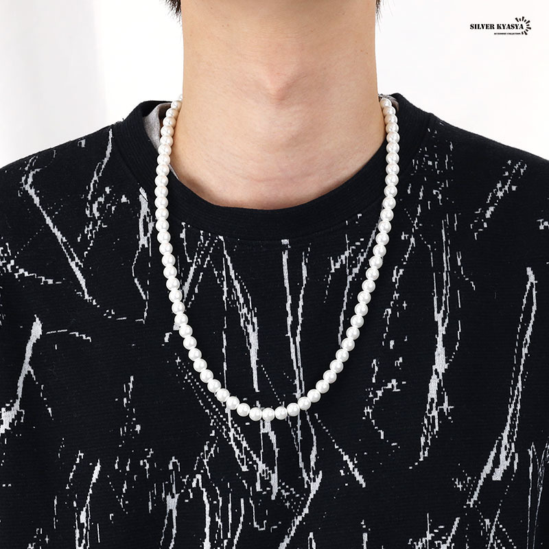 ネックレス パール 男性 ホワイト pearl necklace 真珠 8mm ネジ式 ハード系 シンプル (50cm)_画像6
