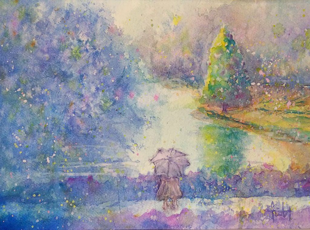 癒しの水彩画 水辺の樹木