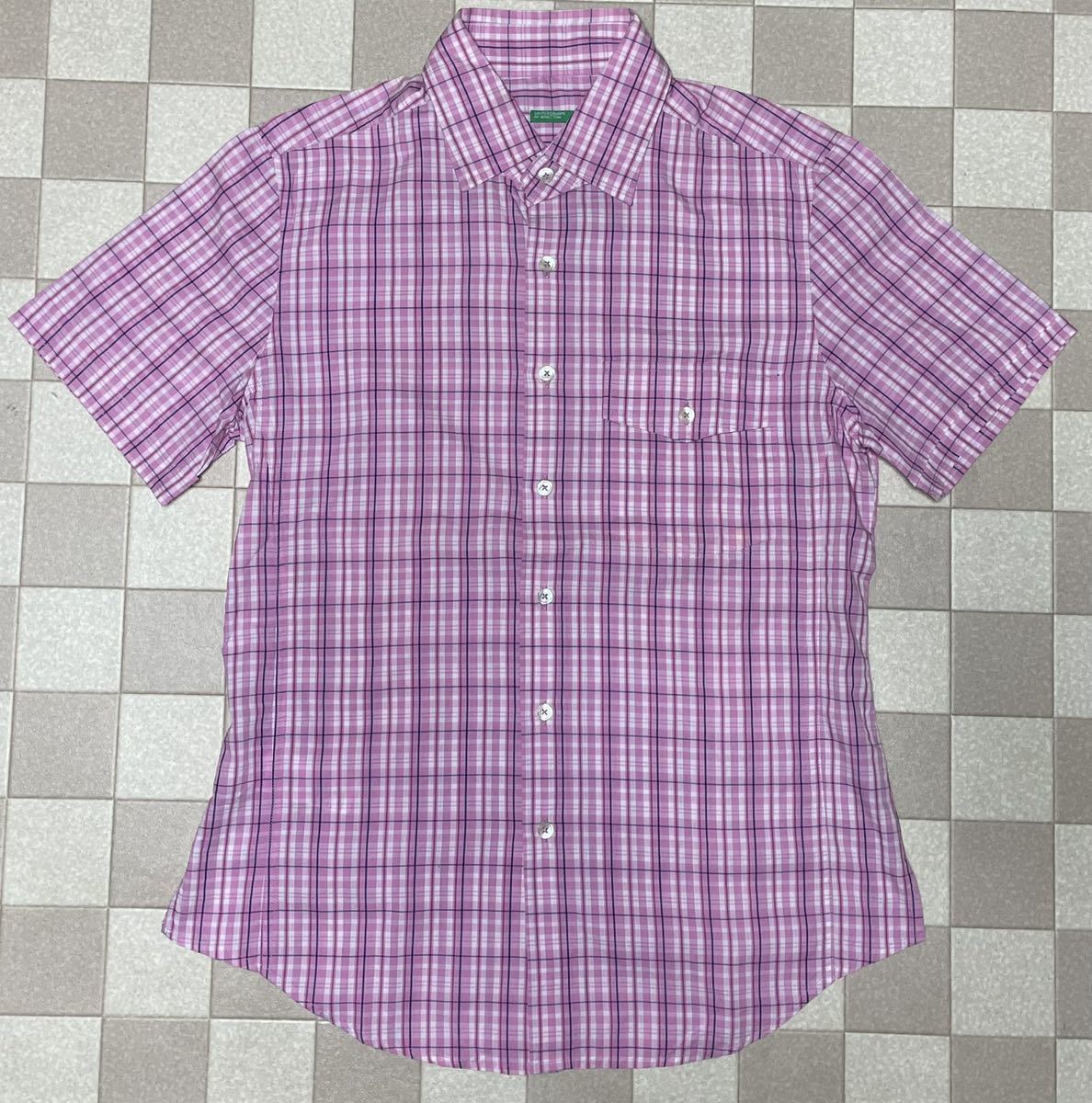 BENETTON Benetton M size pink series check pattern short sleeves shirt men's wear 