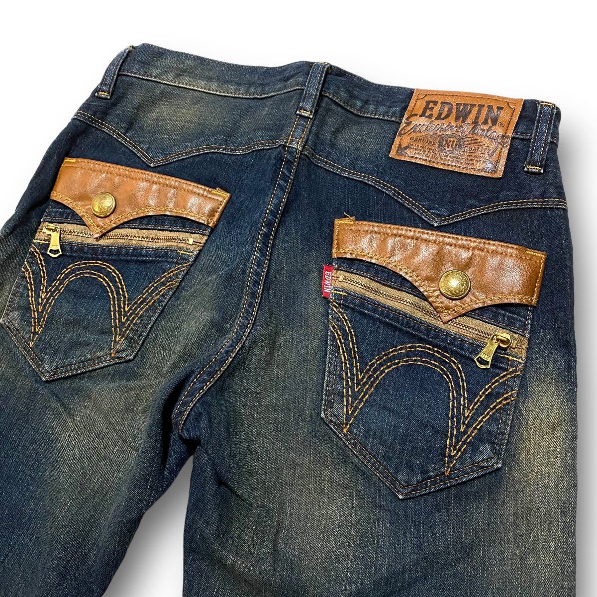 EDWIN エドウィン EXS404 レザーフラップ ストレート デニム パンツ ジーンズ サイズ34