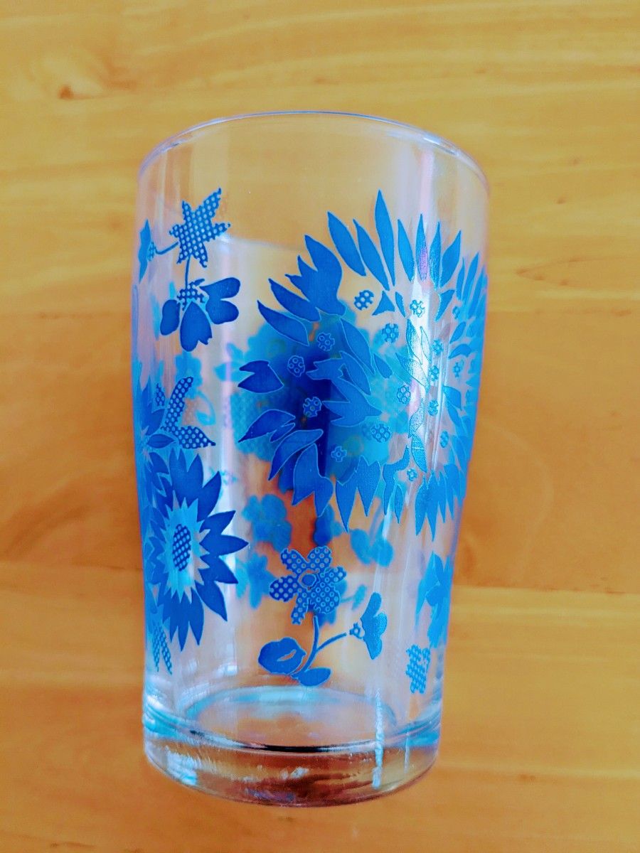新品未使用　昭和レトロ　ガラス　コップ　花柄　ブルー　５個　セット