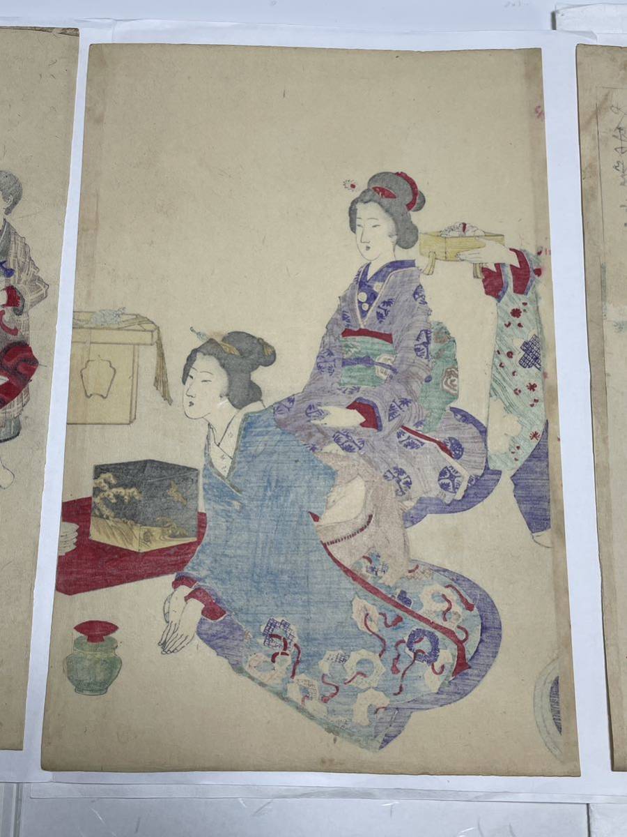 即決！富田秋香/美人画浮世絵3枚組(検索＝梅桜正月春 北斎 広重 国芳 木版画 豊国 国貞 春信 国周 英山 英泉 芳年 暁斎 古邨 金魚 ネコ 猫)_画像7