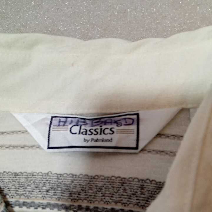 zcl-08♪US古着　CLASSIC by Palmland 半袖ポロシャツ メンズ US-Mサイズ アイボリーストライプ柄【USED】_ネーム書きございます。
