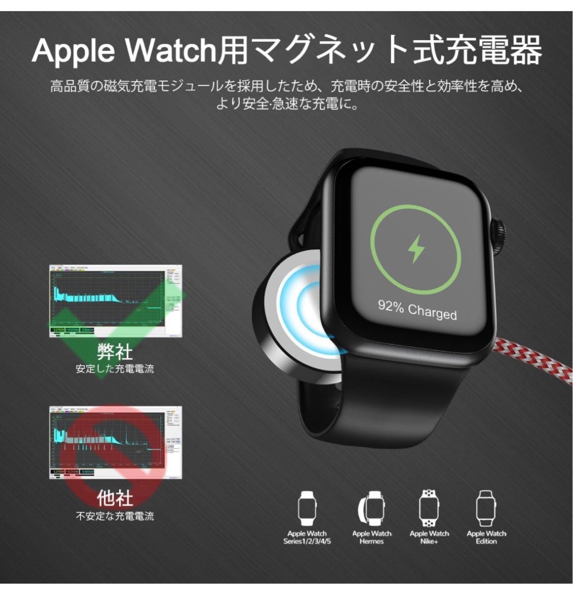 2in1 Apple Watch充電器 アップルウォッチ充電器 1M マグネット式 ワイヤレス充電 アップルウォッチ充電ケーブル 