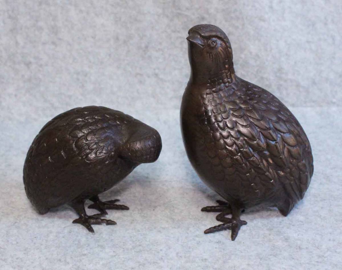 金属工芸●鳥 置物 ライチョウ●●銅像 ブロンズ像 bronze 二匹 JAPANの画像1