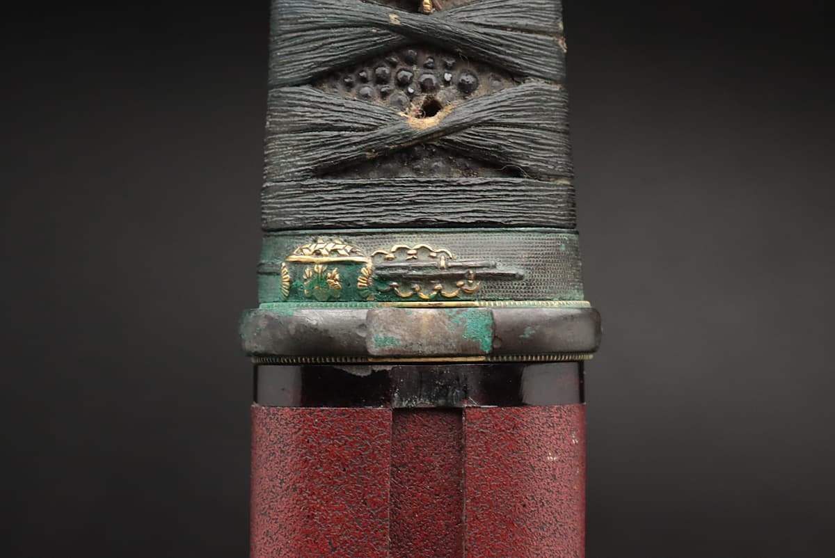EM162 時代武具【正義 銘】朱漆鞘 横手小刀 全長31cm/刃長2.5cm 重255g