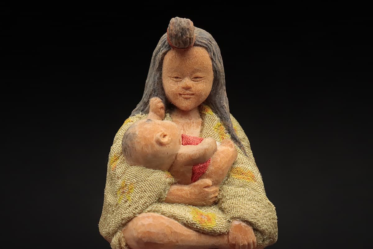 EJ738 日本伝統工芸 小振 木目込人形/木目込み人形「母子像」高5cm 重