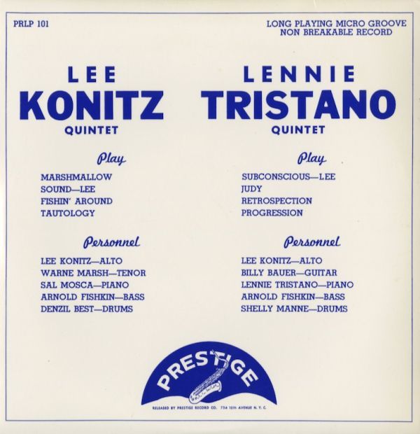 USリイシュー盤 10inch Lee Konitz Quintet / Lennie Tristano Quintet - S.T. [Prestige PRLP101] 51年録音 リー・コニッツ COOL JAZZ_画像1