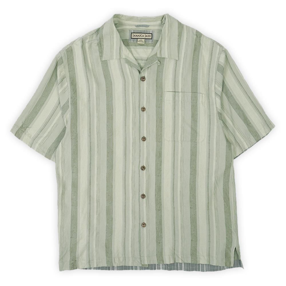 ジャマイカジャックス JAMAICA JAXX 00s オープンカラー シルクシャツ 開襟 半袖 (-0016) グリーン系 マルチストライプ柄 L