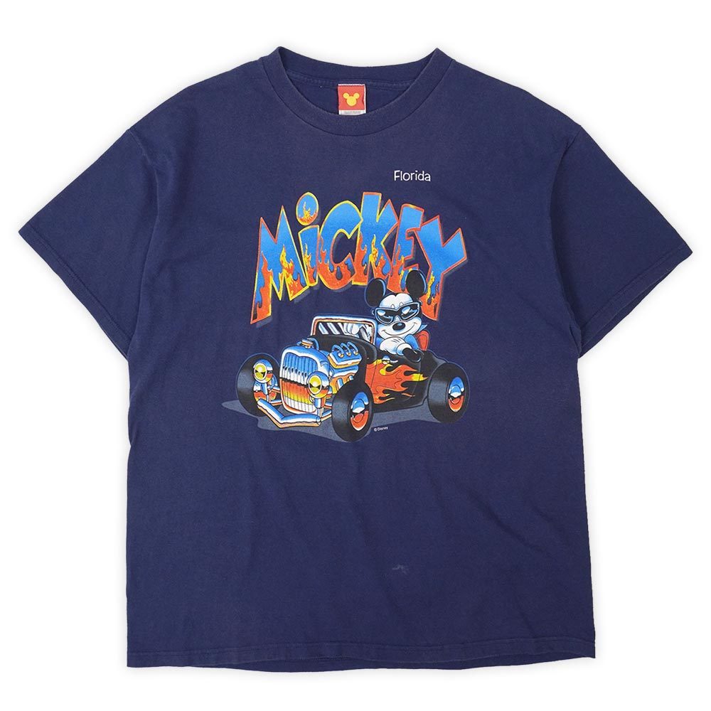 ディズニー Disney 00's 2000年代 キャラクタープリントTシャツ ホットロッド 車 ミッキーマウス Y2K (-0032) ネイビー / 紺 XL