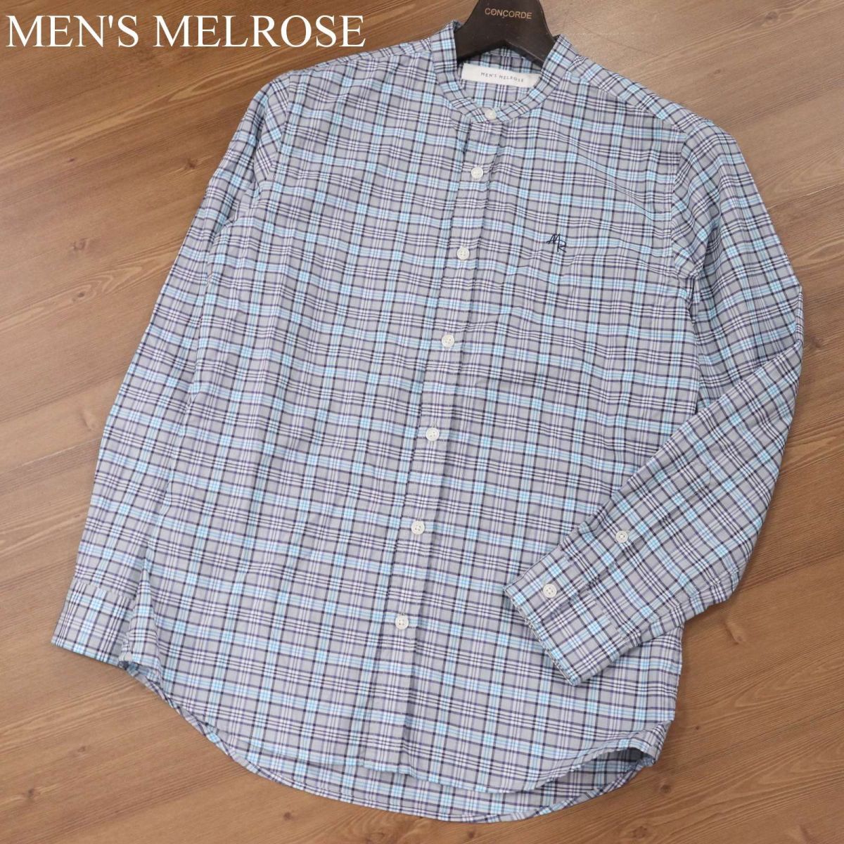 美品 21SS★ MEN'S MELROSE メンズメルローズ ストレッチ 長袖 スタンダード バンドカラー チェック シャツ Sz.2　メンズ　I3T00716_7#C_画像1