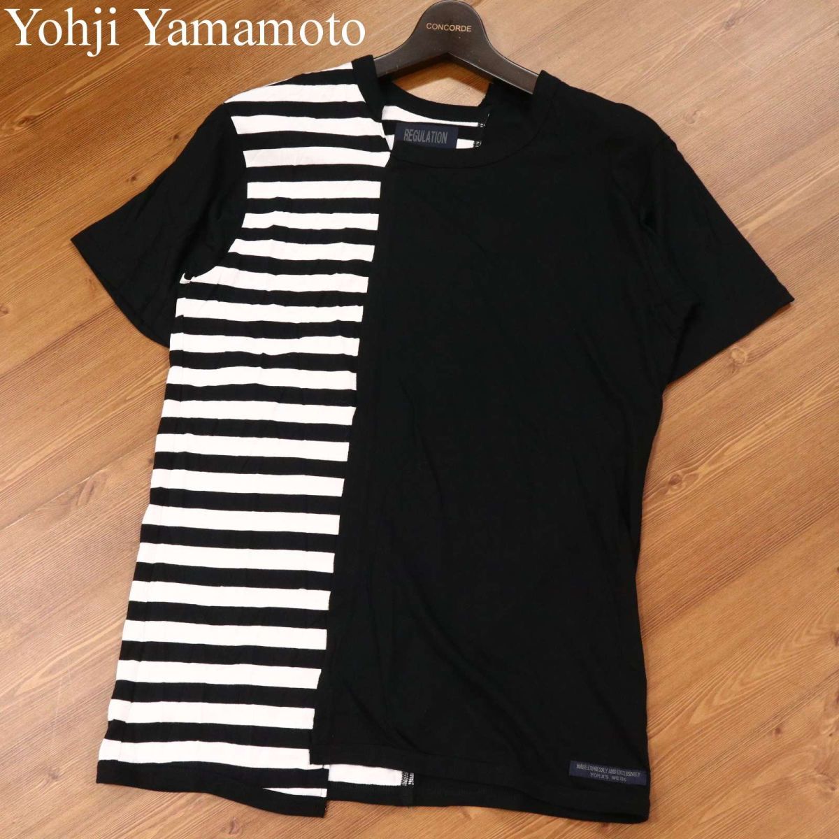 美品★ REGULATION Yohji Yamamoto MEN ヨウジヤマモト ボーダー切替 アシンメトリー 半袖 Tシャツ カットソー Sz.1　メンズ　I3T00222_6#D