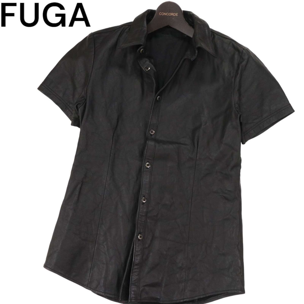 FUGA フーガ 牛革★ カウ スキン 半袖 スリム レザー シャツ Sz.44　メンズ 黒　I3T00980_8#A_画像1