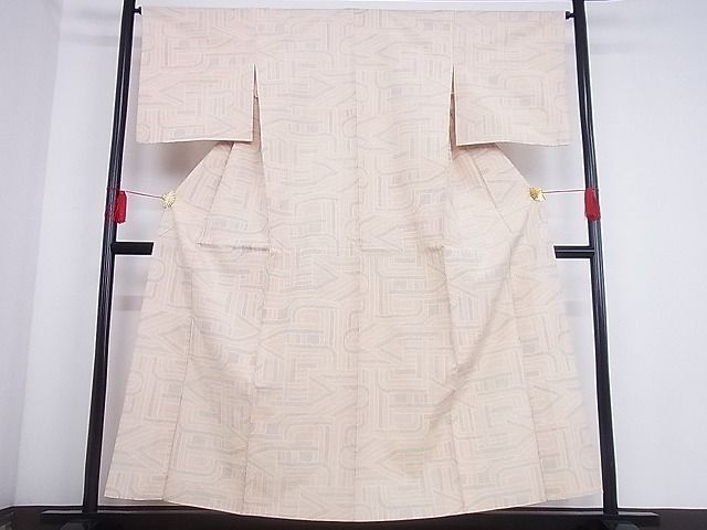 平和屋-こころ店□上質な紬 単衣 幾何学文様 着丈154cm 裄丈65cm 正絹