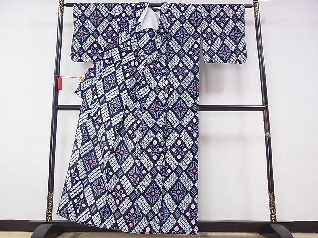 平和屋-こころ店□夏物浴衣有松鳴海絞り伝統工芸品花菱着丈159cm 裄丈