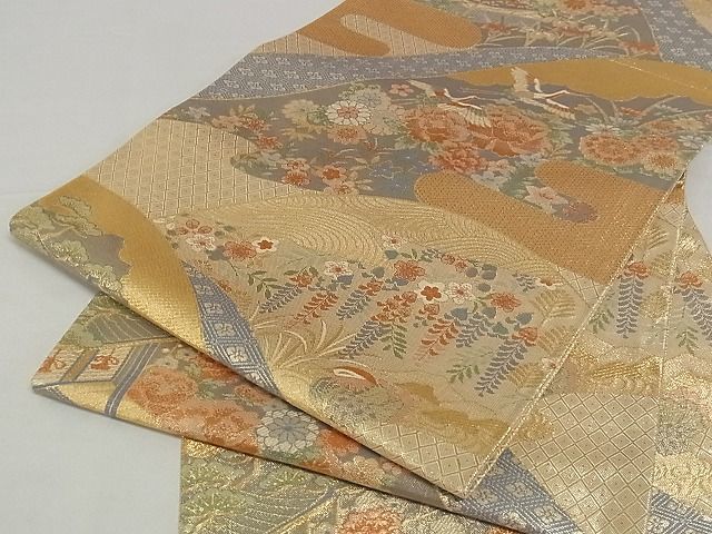 平和屋-こころ店■佐賀錦　六通柄袋帯　花鳥文　金糸　正絹　逸品　A-pf4660_画像1