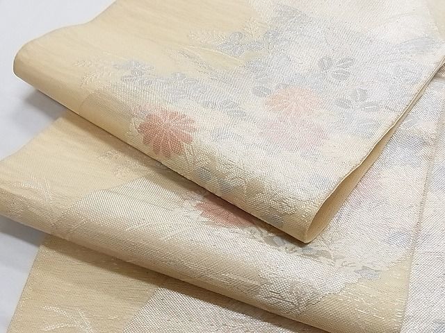 平和屋-こころ店■夏物　六通柄袋帯　草花文　銀糸　正絹　逸品　B-jd3256_画像6