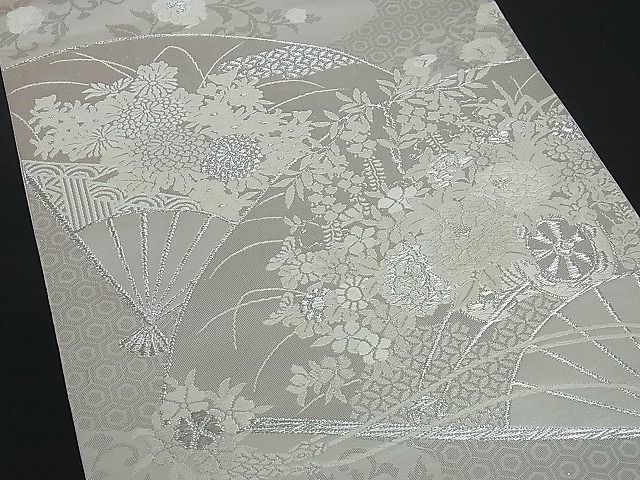 平和屋1■六通柄袋帯　唐織　扇面花車吉祥文　銀糸　逸品　ev0963_画像2