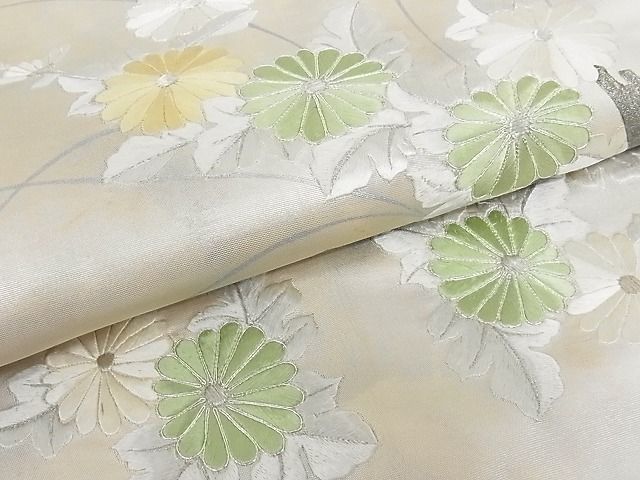 平和屋-こころ店■太鼓柄袋帯　駒刺繍　花筏文　銀糸　銀彩　正絹　逸品　A-tn2734_画像1