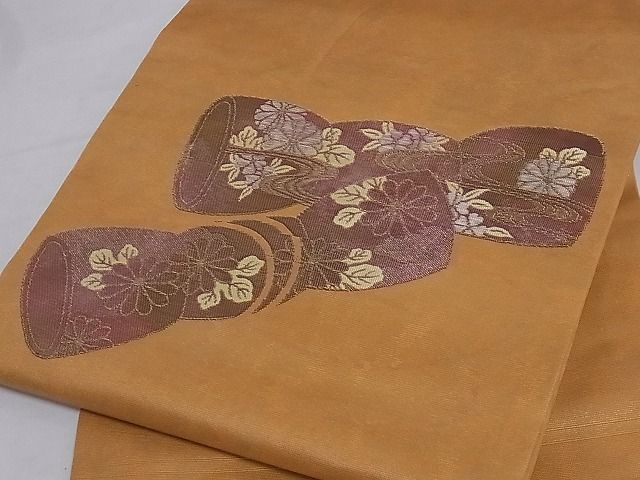 平和屋-こころ店■九寸名古屋帯　流水花文　金糸　引箔　正絹　逸品　A-sx7002_画像1