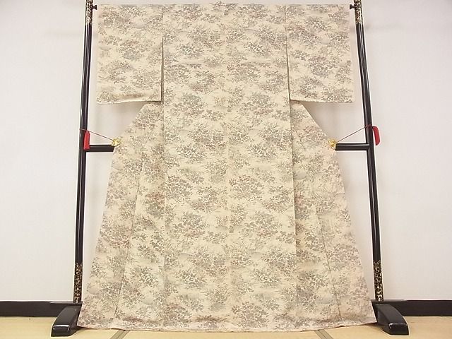 平和屋-こころ店■上質な小紋　作家物　手描き　草花文　鬼しぼ縮緬　着丈169cm　裄丈66cm　正絹　逸品　A-ta5237_画像2