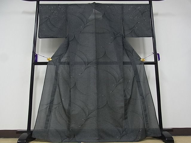 平和屋-こころ店□夏物 小紋 絽 大小霰 花鳥文 黒地 着丈166.5cm 裄丈