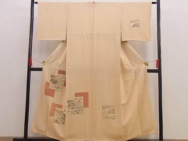 平和屋野田店■訪問着　手描き　刺繍　色紙重ね吉祥風景文　金糸　逸品　n-hj5564_画像1