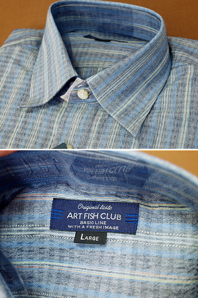 青グレーxストライプ柄 麻混長袖シャツ(Lサイズ)日本製_画像2
