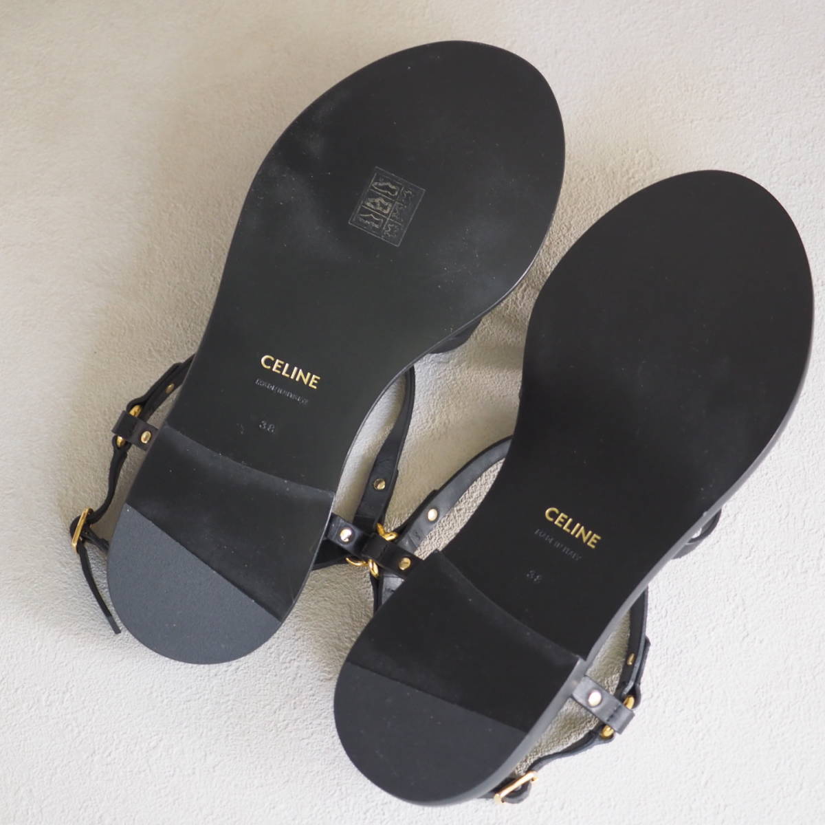  unused ultimate beautiful goods * Celine CELINEta with a self-starter sandals leather flat shoes 38 24cm M size shoes box black black brand lady's 