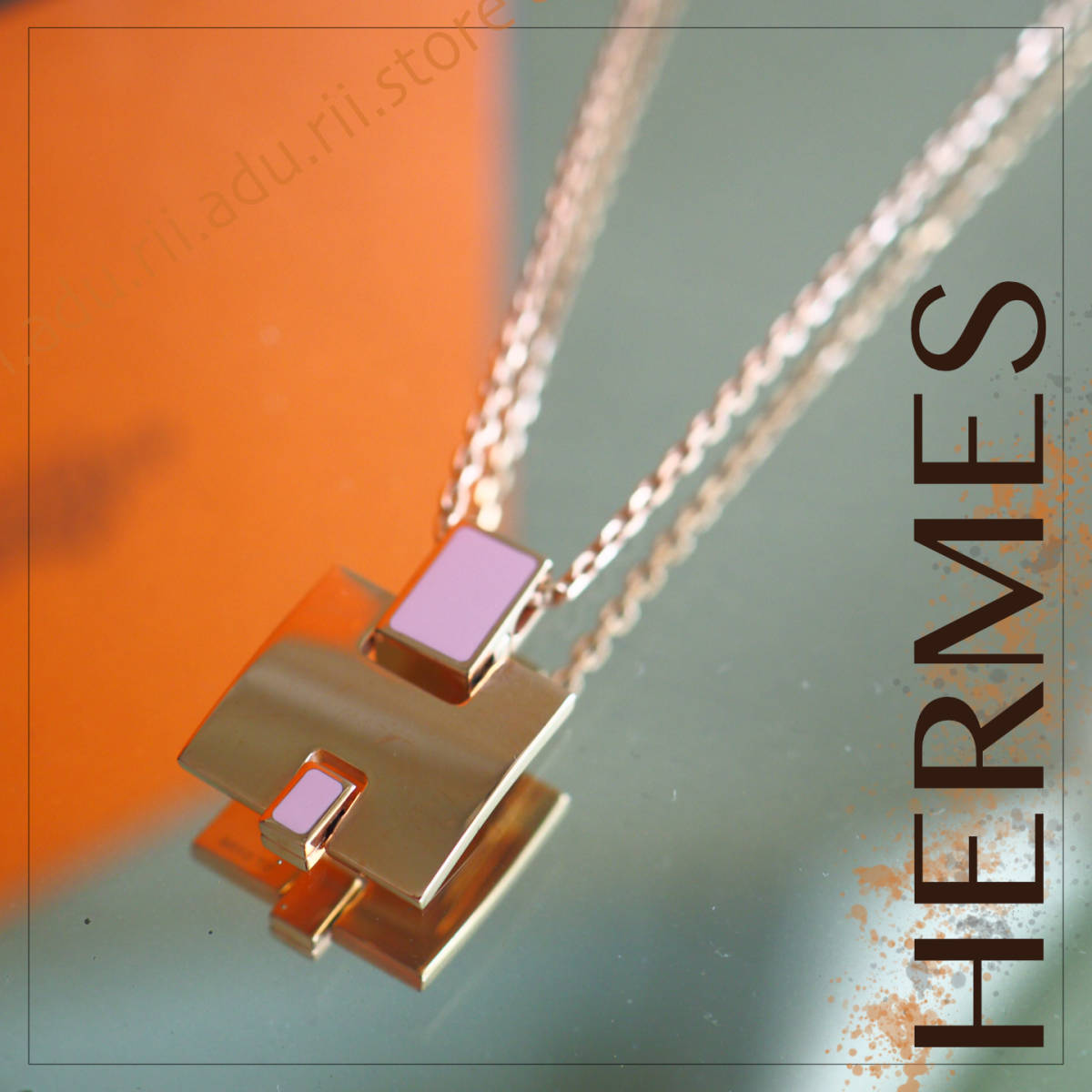 未使用極美品★ エルメス HERMES アイリーン Hロゴ ネックレス ピンク ゴールド ジュエリー アクセサリー ブランド レディース_画像1