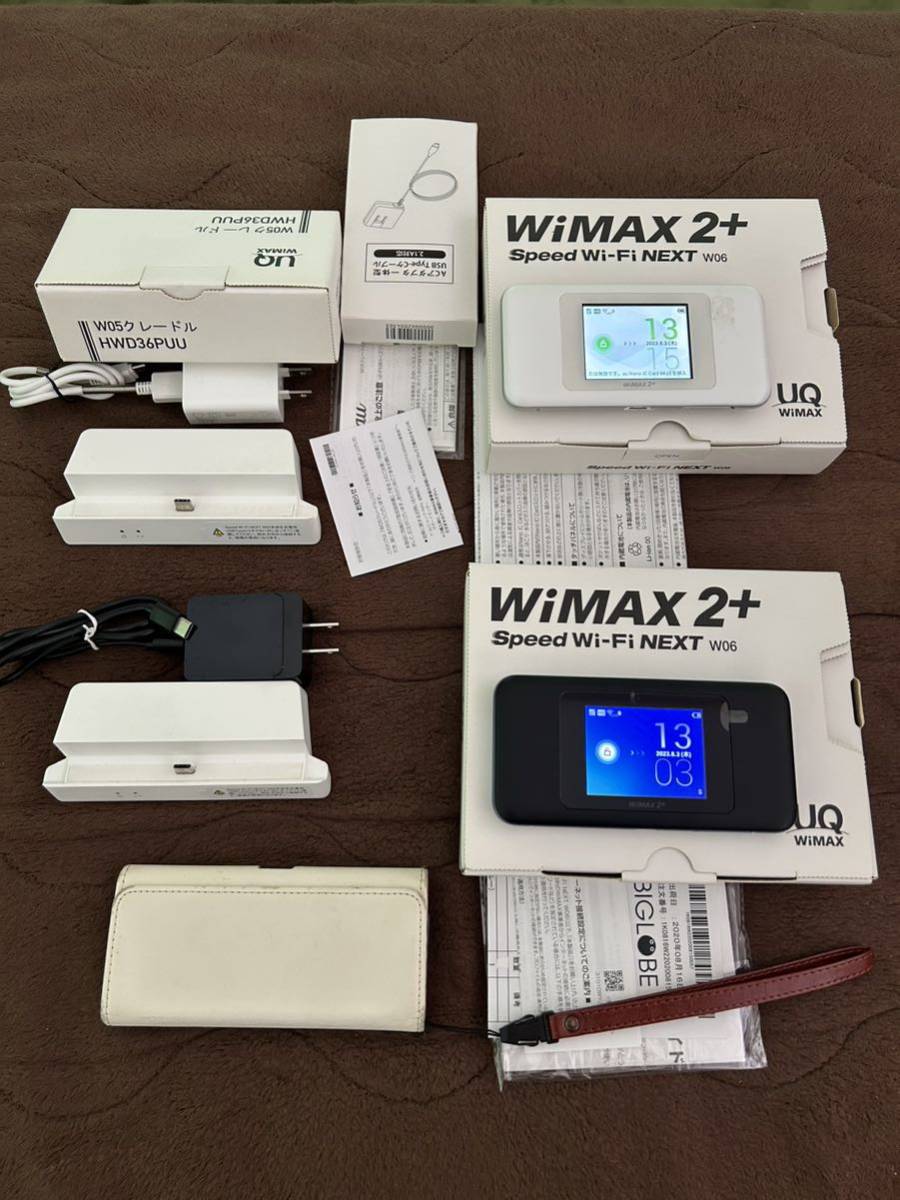 Speed Wi-Fi NEXT W06 two piece set! cradle .2 piece attaching instructions attaching! pocket Wi-Fi UQ WiMAX white body scratch black body almost unused white case attaching 