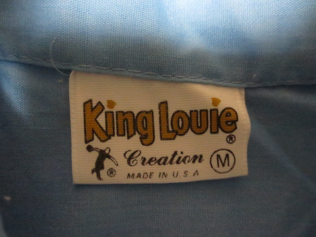 70's King Louie MADE IN USA DALE PHILLIPS　キングルイ　フロッキープリント＆ししゅうロゴ入　ボーリングシャツ　水色系　M　アメリカ製_画像5