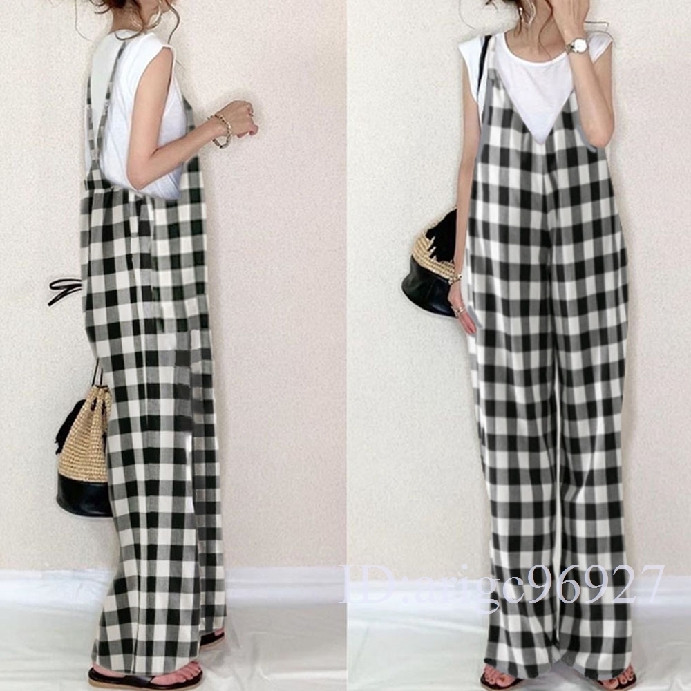 L50* overall lady's coveralls all-in-one overall wide pants spring summer put on .. stylish check pattern free size 