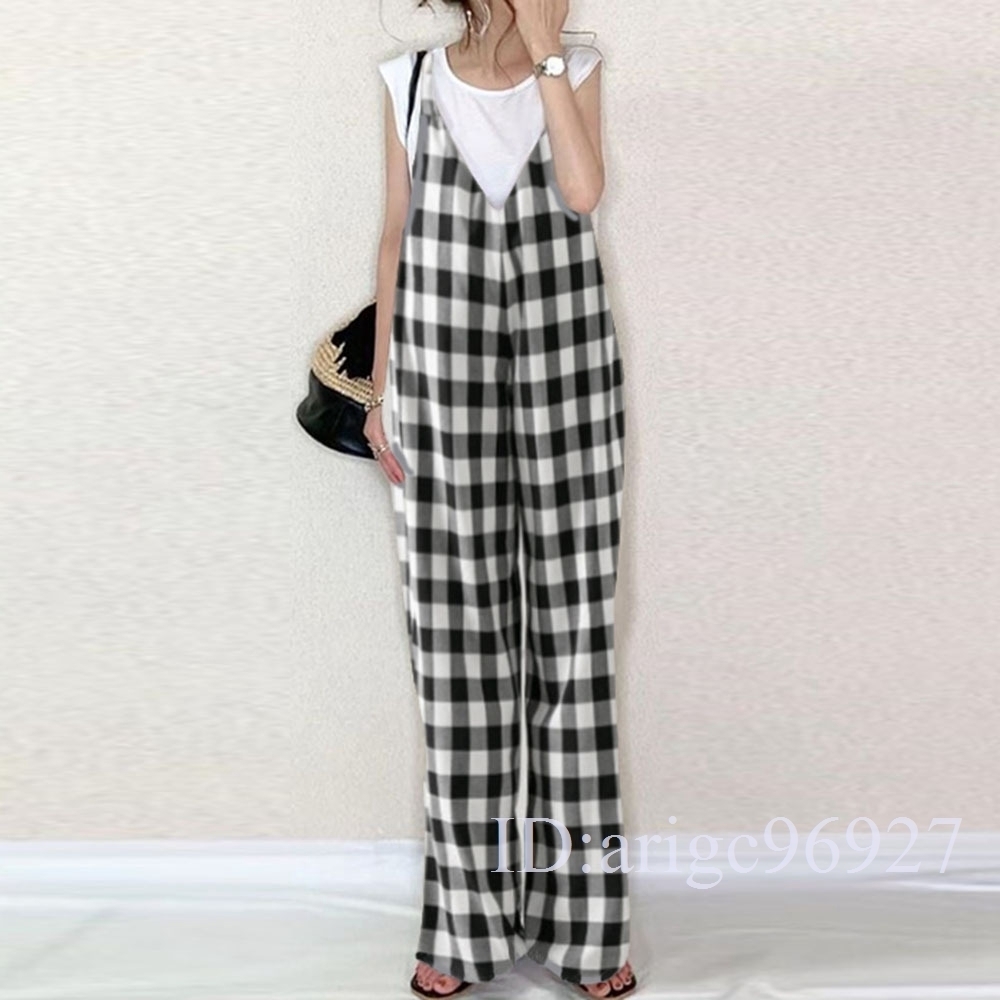 L50* overall lady's coveralls all-in-one overall wide pants spring summer put on .. stylish check pattern free size 