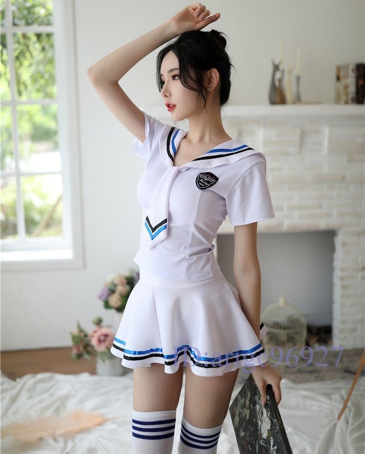 Q089★新品 Lサイズ 超セクシー セーラー服風トップス?スカート?ショーツ 3点セット清純派 制服 学生服 コスプレ ミニスカート_画像1