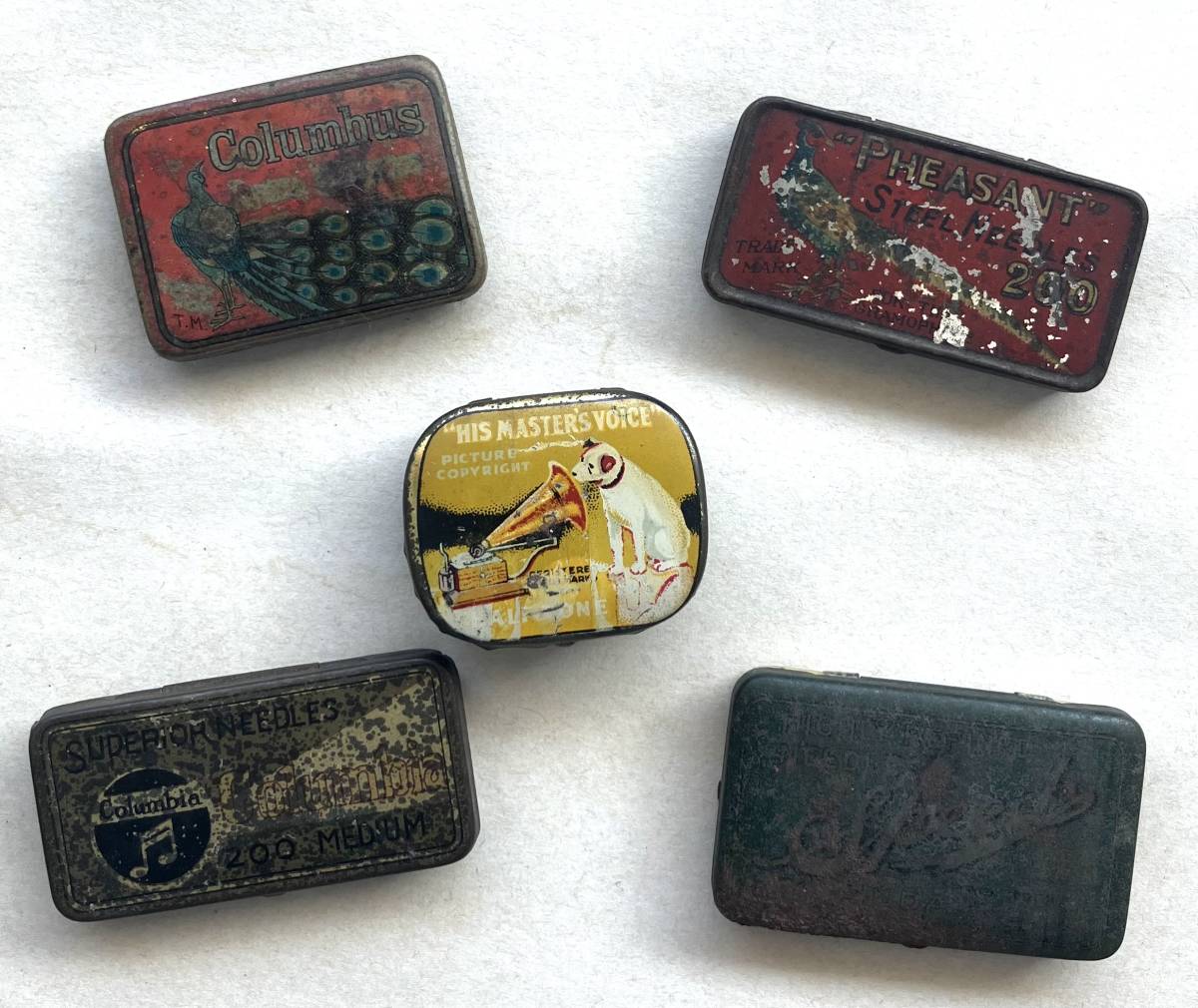  antique Vintage * old small gramophone needle can case set sale 5 piece ④