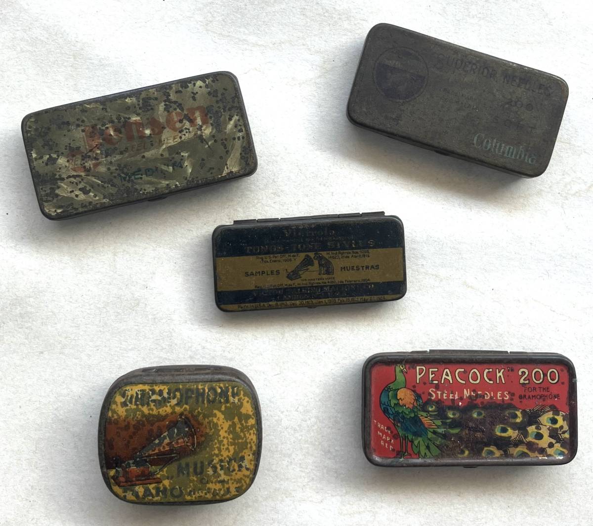  antique Vintage * old small gramophone needle can case set sale 5 piece ②