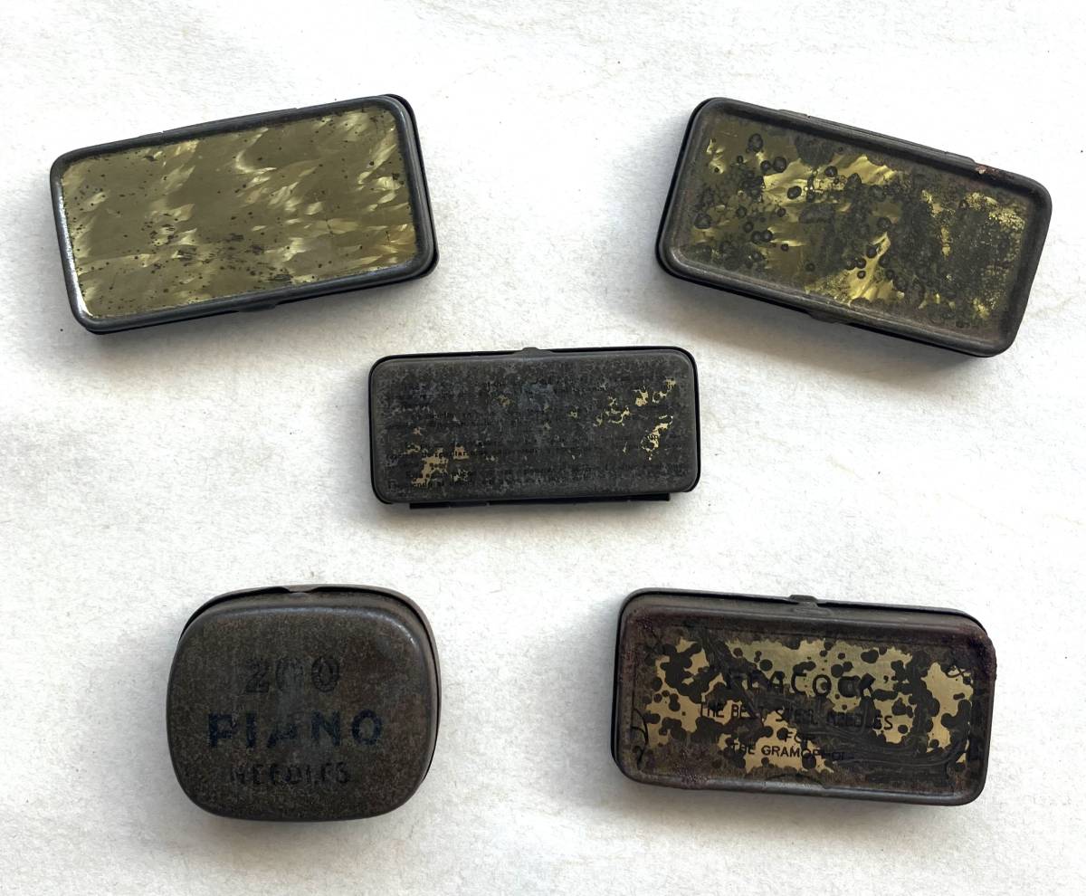 antique Vintage * old small gramophone needle can case set sale 5 piece ②