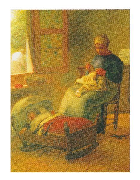 絵画 複製名画 額縁付(MJ108N-G) ジャン・フランソワ・ミレー 「眠った子の傍らで編み物をする女」 F6号 世界の名画シリーズ プリハード