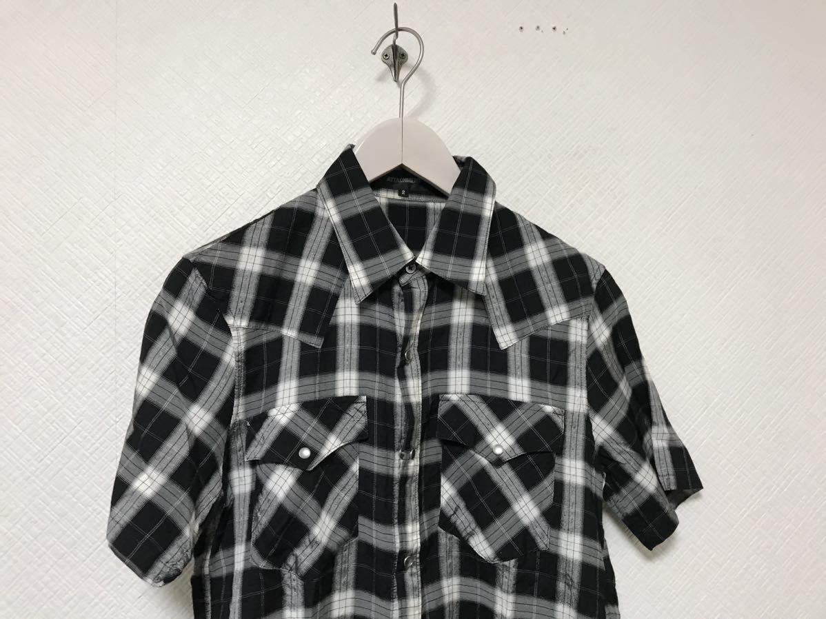 美品本物アタッチメントATTACHIMENTコットンシルクチェック柄半袖シャツメンズサーフアメカジミリタリースーツビジネス黒ブラック2M日本製_画像2