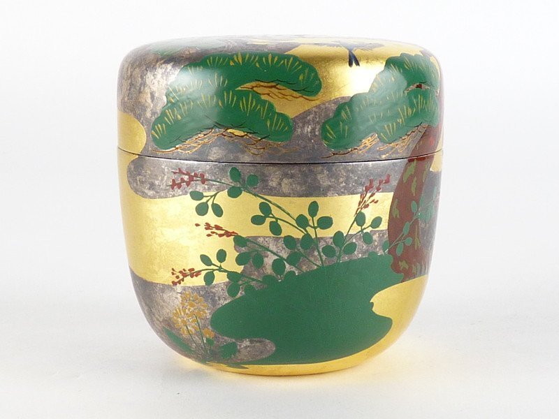 扇屋】中村宗尹「春秋花鳥図大棗」共箱高さ約7cm 幅約7cm 木製香合棗