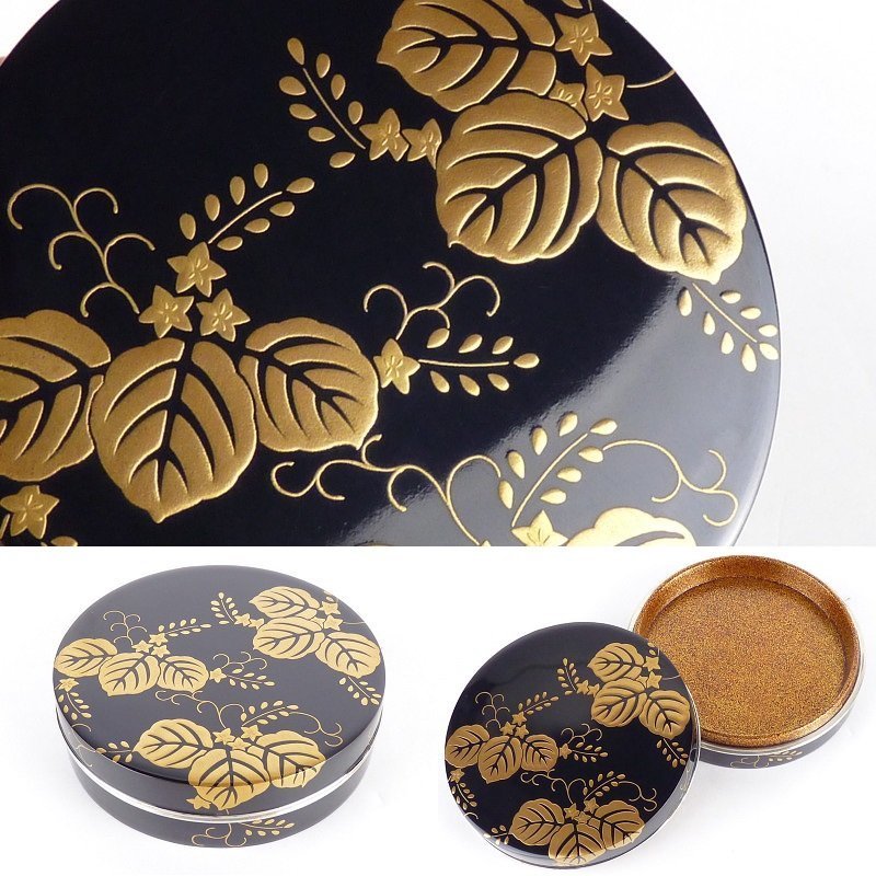 上品な 約8cm 幅 内梨地 香合 桐蒔絵 【扇屋】黒塗 高さ 茶道具 茶碗