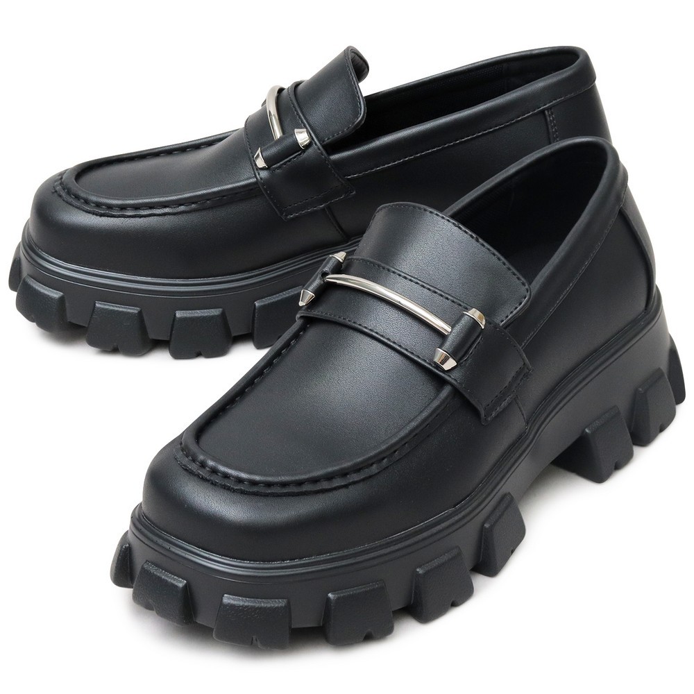  новый товар # толщина низ bit Loafer мужской PU кожа кожзаменитель квадратное tu блок платформа подошва обувь черный чёрный 27.0~27.5cm