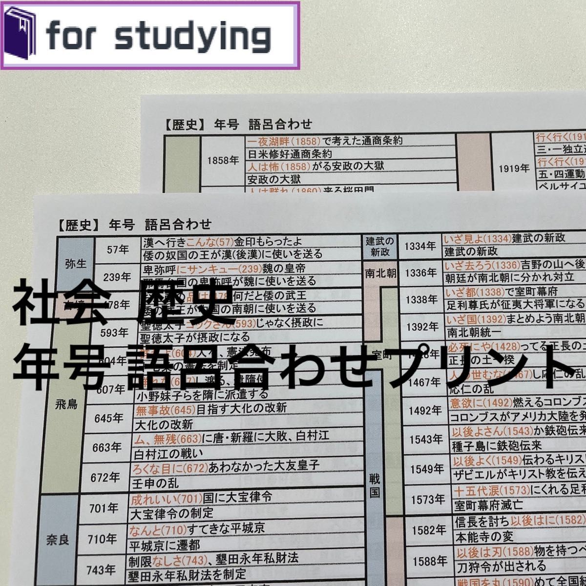 社会  歴史 年号 語呂合わせプリント