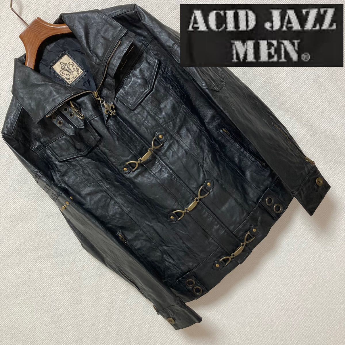 良品■ACID JAZZ MEN■レザー ライダース ジャケット スタッズ 刺繍M 黒 ブラック ジージャンスタイル ファイヤーマン アシッドジャズメン_画像1