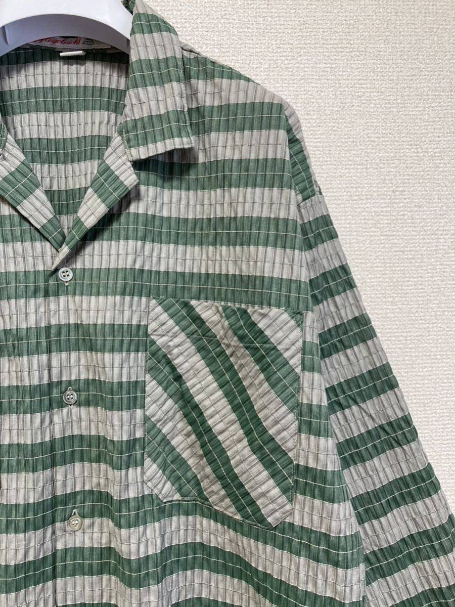 70's ヨーロッパヴィンテージ permaflott オープンカラーシャツ 半袖シャツ チェック柄 ユーロヴィンテージ 41/42 緑グレー_画像5