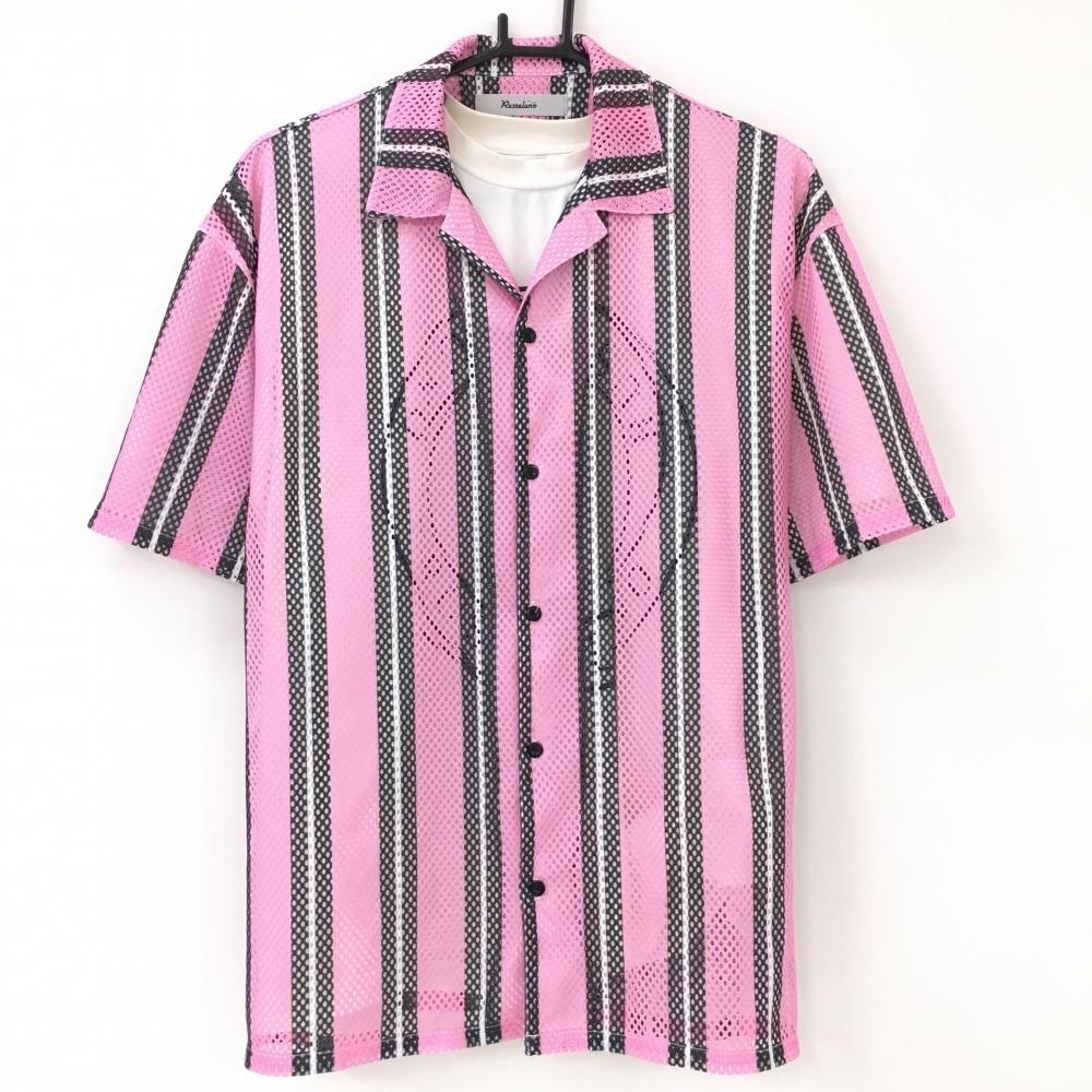 新しいエルメス ストライプ ピンク×黒 半袖メッシュシャツ×半袖