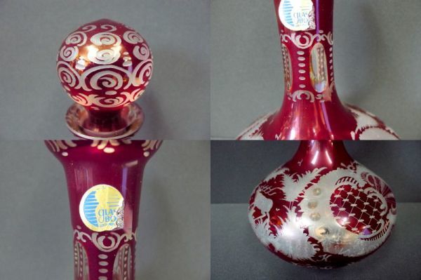 T011 ボヘミアンガラス 赤い色被せ切子 グラヴィール彫刻レースカット 蓋物花瓶 飾り壷 オリジナル 伝統的ガラス工芸 廃盤希少/80_画像7